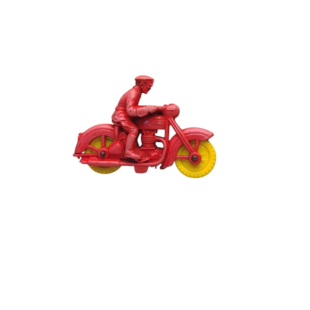 Vintage Auburn Rubber Police Toy Motocycle 4" Harley Red Yellow Wheels 1950s